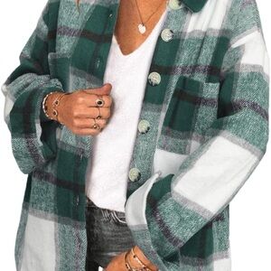 Green and Cream Plaid Button-Up Shacket